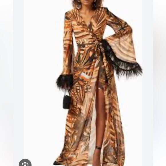 BRONX AND BANCO Geisha 
Kenya Kimono Dress in Printed Silk with Ostrich Feathers - Picture 2 of 6